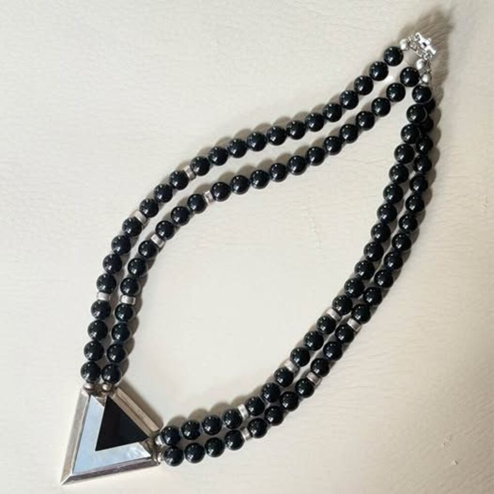 Vintage Sterling Silver Black Onyx & Mother of Pearl Double Strand Necklace –18”